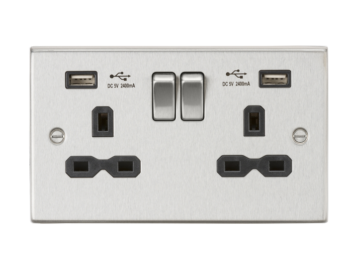 Knightsbridge CS9224BC 13A 2G Switched Socket Dual USB Charger (2.4A) with Black Insert - Square Edge Brushed Chrome