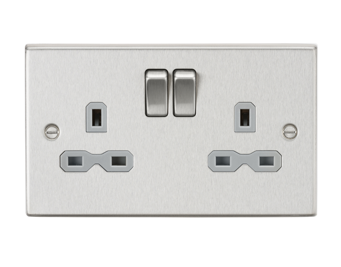 Knightsbridge CS9BCG 13A 2G DP Switched Socket with Grey Insert - Square Edge Brushed Chrome