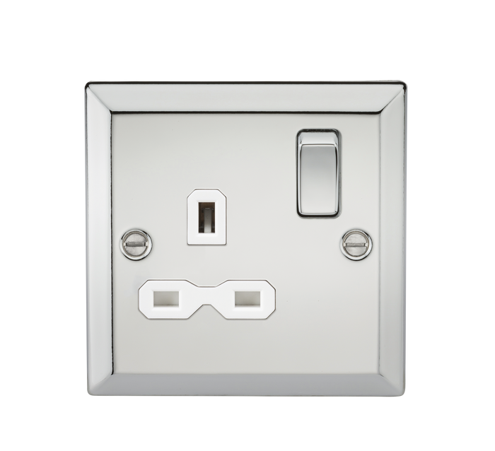 Knightsbridge CV7PCW 13A 1G DP Switched Socket with White Insert - Bevelled Edge Polished Chrome