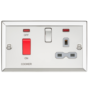 Knightsbridge CV83PCG 45A DP Cooker Switch & 13A Switched Socket with Neons & Grey Insert - Bevelled Edge Polished Chrome - Knightsbridge - Sparks Warehouse