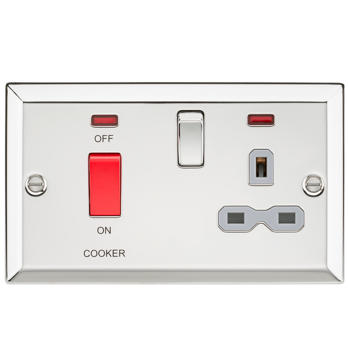 Knightsbridge CV83PCG 45A DP Cooker Switch & 13A Switched Socket with Neons & Grey Insert - Bevelled Edge Polished Chrome
