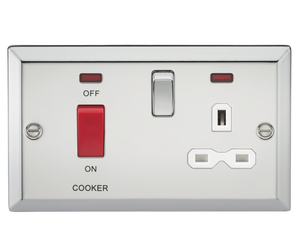 Knightsbridge CV83PCW 45A DP Cooker Switch & 13A Switched Socket with Neons & White Insert - Bevelled Edge Polished Chrome - Knightsbridge - Sparks Warehouse