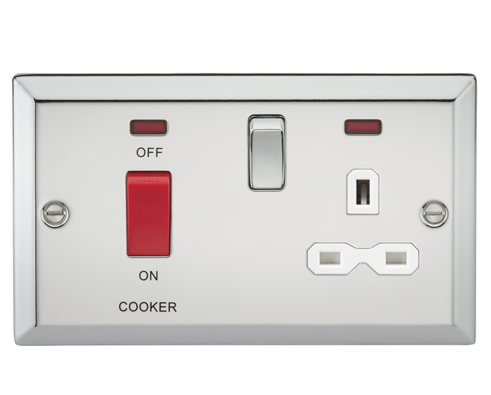 Knightsbridge CV83PCW 45A DP Cooker Switch & 13A Switched Socket with Neons & White Insert - Bevelled Edge Polished Chrome