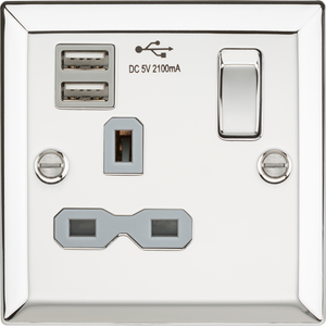 Knightsbridge CV91PCG 13A 1G Switched Socket Dual USB Charger Slots with Grey Insert - Bevelled Edge Polished Chrome - Knightsbridge - Sparks Warehouse