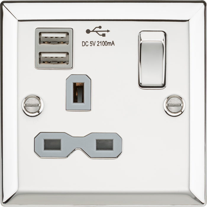 Knightsbridge CV91PCG 13A 1G Switched Socket Dual USB Charger Slots with Grey Insert - Bevelled Edge Polished Chrome