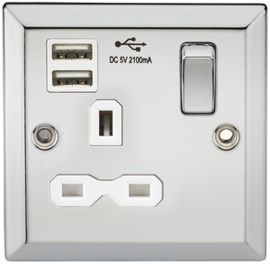 Knightsbridge CV91PCW 13A 1G Switched Socket Dual USB Charger Slots with White Insert - Bevelled Edge Polished Chrome - Knightsbridge - Sparks Warehouse
