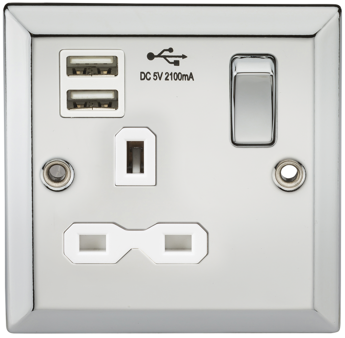 Knightsbridge CV91PCW 13A 1G Switched Socket Dual USB Charger Slots with White Insert - Bevelled Edge Polished Chrome