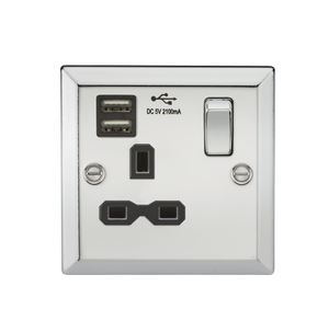 Knightsbridge CV91PC 13A 1G Switched Socket Dual USB Charger Slots with Black Insert - Bevelled Edge Polished Chrome - Knightsbridge - Sparks Warehouse