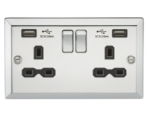 Knightsbridge CV92PC 13A 2G Switched Socket Dual USB Charger Slots with Black Insert - Bevelled Edge Polished Chrome - Knightsbridge - Sparks Warehouse