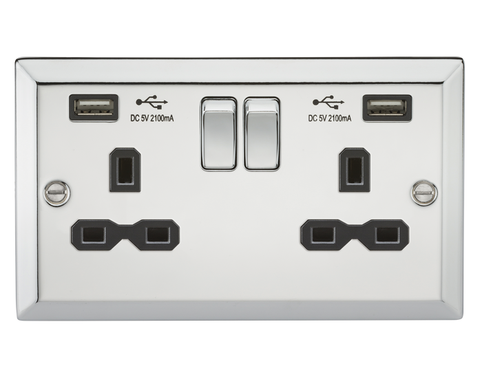 Knightsbridge CV92PC 13A 2G Switched Socket Dual USB Charger Slots with Black Insert - Bevelled Edge Polished Chrome