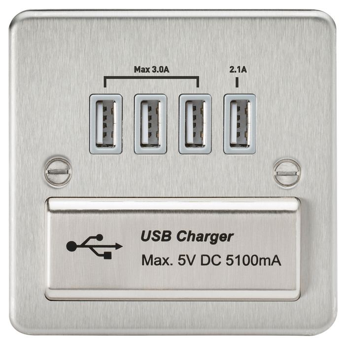 Knightsbridge FPQUADBCG Flat Plate 1G QUAD USB Charger Outlet 5V DC 5.1A - Brushed Chrome With Grey Insert