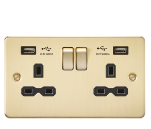 Knightsbridge FPR9224BB Flat Plate 13A 2G DP Switched USB Socket - Brushed Brass With Black Insert - Knightsbridge - Sparks Warehouse