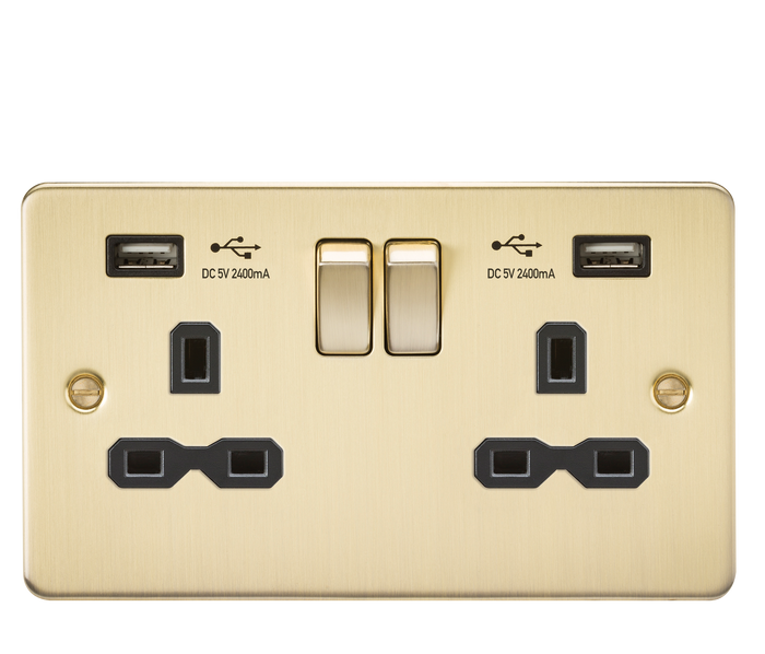Knightsbridge FPR9224BB Flat Plate 13A 2G DP Switched USB Socket - Brushed Brass With Black Insert