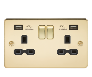 Knightsbridge FPR9224PB Flat plate 13A 2G switched socket with dual USB charger (2.4A) - polished brass with black insert - Knightsbridge - Sparks Warehouse