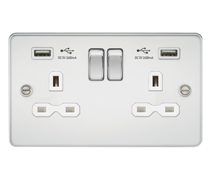Knightsbridge FPR9224PCW Flat plate 13A 2G switched socket with dual USB charger (2.4A) - polished chrome with white insert - Knightsbridge - Sparks Warehouse