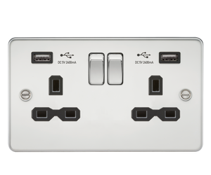 Knightsbridge FPR9224PC Flat plate 13A 2G switched socket with dual USB charger (2.4A) - polished chrome with black insert - Knightsbridge - Sparks Warehouse