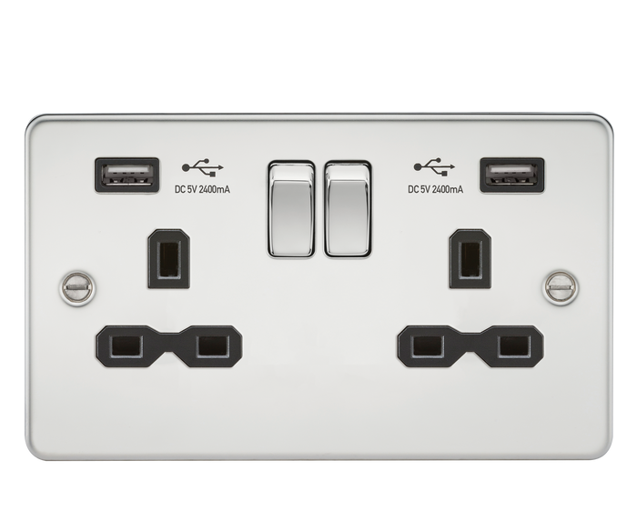 Knightsbridge FPR9224PC Flat plate 13A 2G switched socket with dual USB charger (2.4A) - polished chrome with black insert