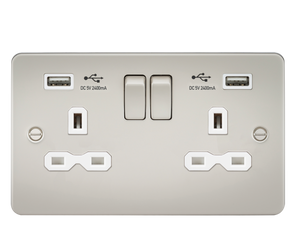 Knightsbridge FPR9224PLW Flat plate 13A 2G switched socket with dual USB charger (2.4A) - pearl with white insert - Knightsbridge - Sparks Warehouse