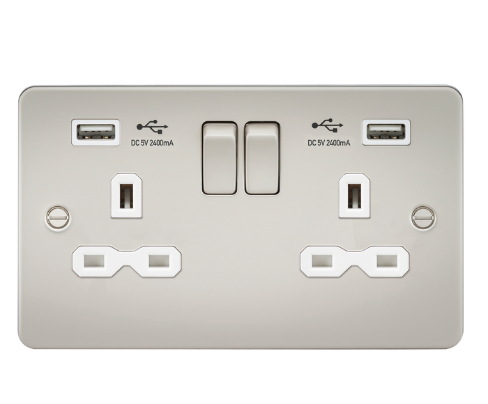 Knightsbridge FPR9224PLW Flat plate 13A 2G switched socket with dual USB charger (2.4A) - pearl with white insert