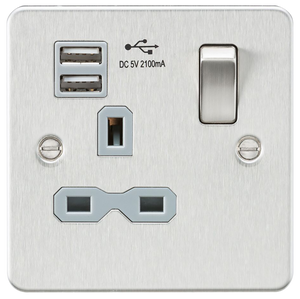 Knightsbridge FPR9901BCG Flat plate 13A 1G switched socket with dual USB charger (2.1A) - brushed chrome with grey insert - Knightsbridge - Sparks Warehouse