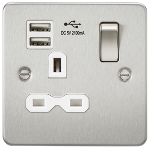 Knightsbridge FPR9901BCW Flat Plate 13A 1G Switched Socket With Dual USB Charger - Brushed Chrome With White Insert - Knightsbridge - Sparks Warehouse