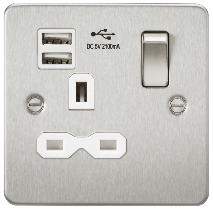 Knightsbridge FPR9901BCW Flat Plate 13A 1G Switched Socket With Dual USB Charger - Brushed Chrome With White Insert