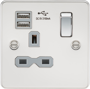 Knightsbridge FPR9901PCG Flat Plate 13A 1G Switched Socket With Dual USB Charger - Polished Chrome With Grey Insert - Knightsbridge - Sparks Warehouse