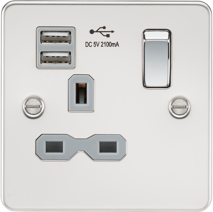Knightsbridge FPR9901PCG Flat Plate 13A 1G Switched Socket With Dual USB Charger - Polished Chrome With Grey Insert