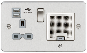 Knightsbridge FPR9905BCG Flat Plate 13A socket, USB chargers (2.4A) and Bluetooth Speaker - Brushed chrome with grey insert - Knightsbridge - Sparks Warehouse