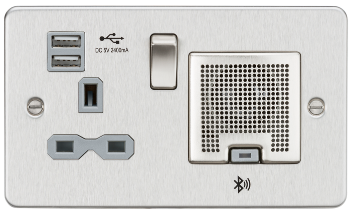 Knightsbridge FPR9905BCG Flat Plate 13A socket, USB chargers (2.4A) and Bluetooth Speaker - Brushed chrome with grey insert