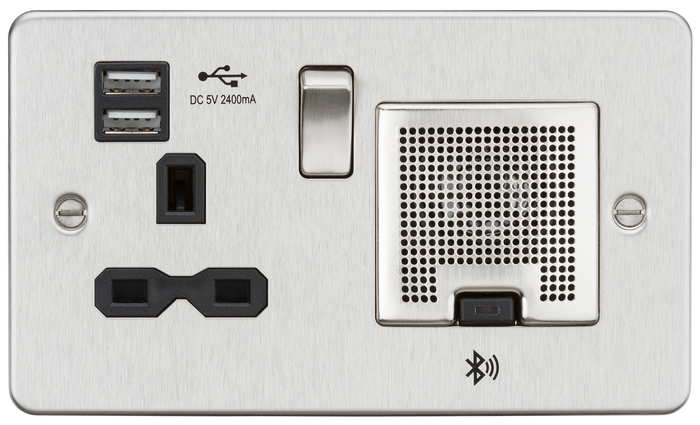 Knightsbridge FPR9905BC - 13A socket, USB chargers (2.4A) and Bluetooth Speaker - Brushed Chrome