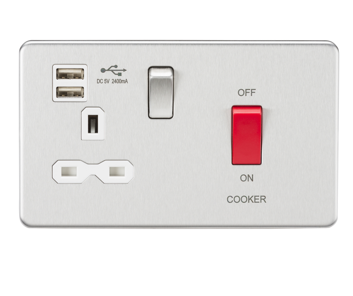 Knightsbridge SFR8333UBCW 45A DP Switch & 13A Switched Socket with Dual USB Charger 2.4A - Brushed Chrome with white insert