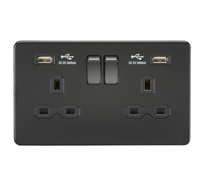 Knightsbridge SFR9224MBB Screwless 13A 2G Switched Socket With Dual USB Charger - Matt Black