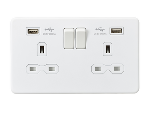 Knightsbridge SFR9224MW Screwless 13A 2G Switched Socket With Dual USB Charger - Matt White - Knightsbridge - Sparks Warehouse