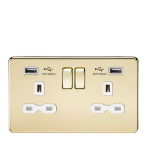 Knightsbridge SFR9224PBW 13A 2G Switched Socket with Dual USB Charger (2.4A) - Polished Brass with White Insert - Knightsbridge - Sparks Warehouse