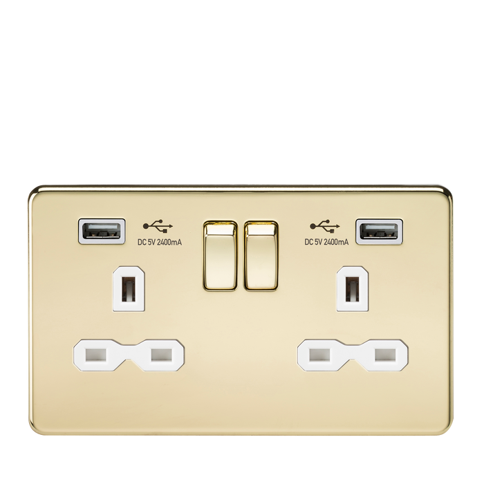 Knightsbridge SFR9224PBW 13A 2G Switched Socket with Dual USB Charger (2.4A) - Polished Brass with White Insert