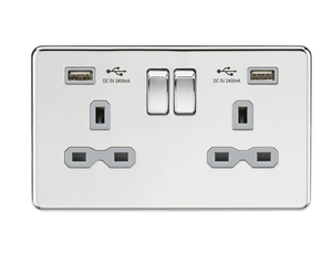 Knightsbridge SFR9224PCG 13A 2G Switched Socket with Dual USB Charger (2.4A) - Polished Chrome with Grey Insert - Knightsbridge - Sparks Warehouse