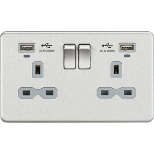 Knightsbridge SFR9904NBCG 13A 2G Switched Socket, Dual USB (2.4A) with LED Charge Indicators - Brushed Chrome w/grey insert - Knightsbridge - Sparks Warehouse