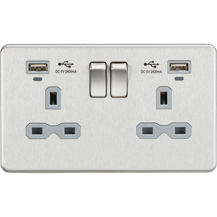 Knightsbridge SFR9904NBCG 13A 2G Switched Socket, Dual USB (2.4A) with LED Charge Indicators - Brushed Chrome w/grey insert