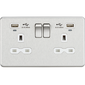 Knightsbridge SFR9904NBCW 13A 2G Switched Socket, Dual USB (2.4A) with LED Charge Indicators - Brushed Chrome w/white insert - Knightsbridge - Sparks Warehouse