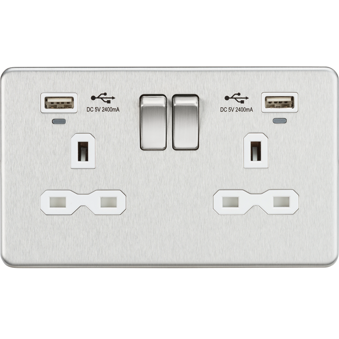 Knightsbridge SFR9904NBCW 13A 2G Switched Socket, Dual USB (2.4A) with LED Charge Indicators - Brushed Chrome w/white insert