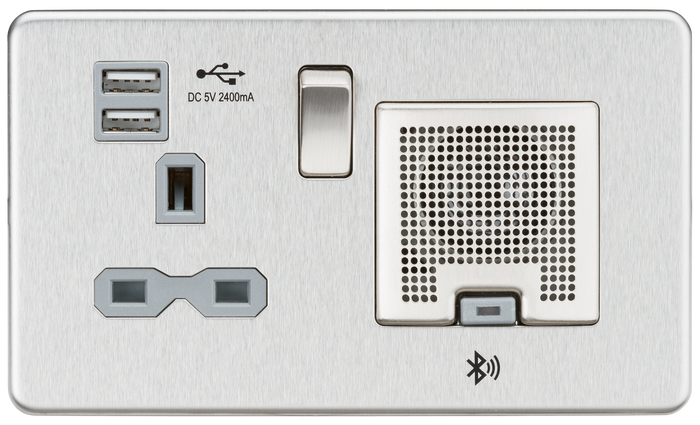 Knightsbridge SFR9905BCG - Screwless 13A socket, USB chargers (2.4A) and Bluetooth Speaker - Brushed Chrome