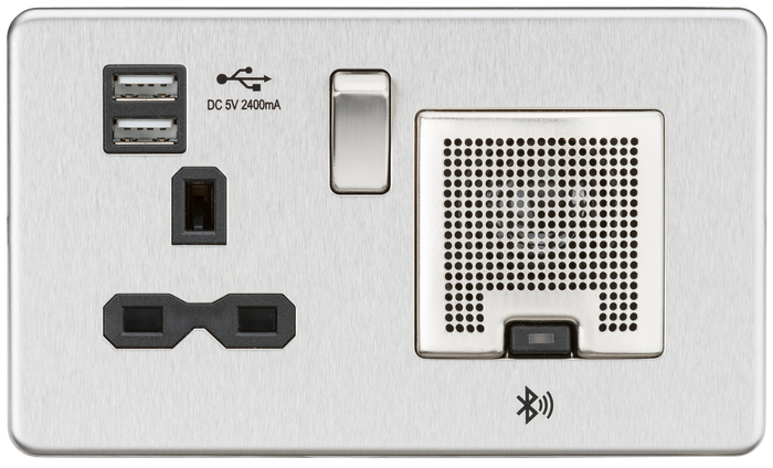 Knightsbridge SFR9905BC - Screwless 13A socket, USB chargers (2.4A) and Bluetooth Speaker - Brushed Chrome