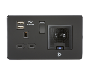 Knightsbridge SFR9905MBB - Screwless 13A socket, USB chargers (2.4A) and Bluetooth Speaker - Matt Black - Knightsbridge - Sparks Warehouse