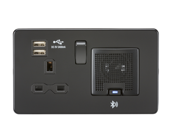 Knightsbridge SFR9905MBB - Screwless 13A socket, USB chargers (2.4A) and Bluetooth Speaker - Matt Black