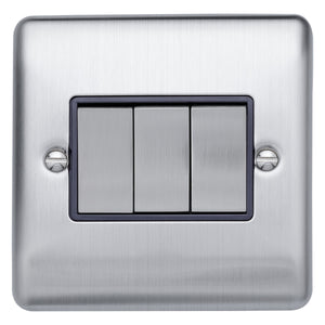 Caradok 3 gang 2 way plate switch Brushed Chrome, Metal Switch, Grey Insert