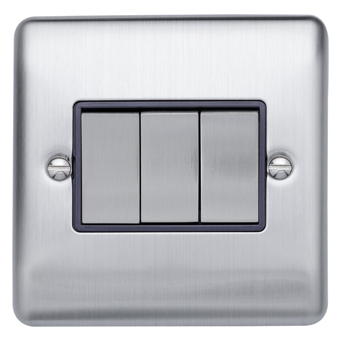 Caradok 3 gang 2 way plate switch Brushed Chrome, Metal Switch, Grey Insert