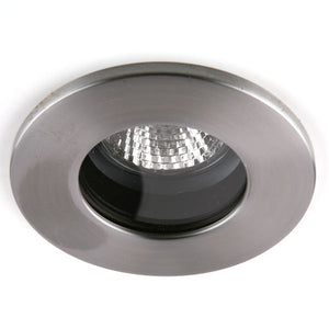 Fire Rated IP65 LED Downlight in Brushed Steel with a Tungsram 5W Cool White GU10 35 Degree D