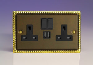 Varilight XA5U2SB - 2-Gang 13A Single Pole Switched Socket + 2x5V DC 2100mA USB Charging Ports 