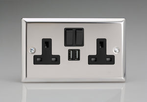 Varilight XC5U2SB - 2-Gang 13A Single Pole Switched Socket + 2x5V DC 2100mA USB Charging Ports 